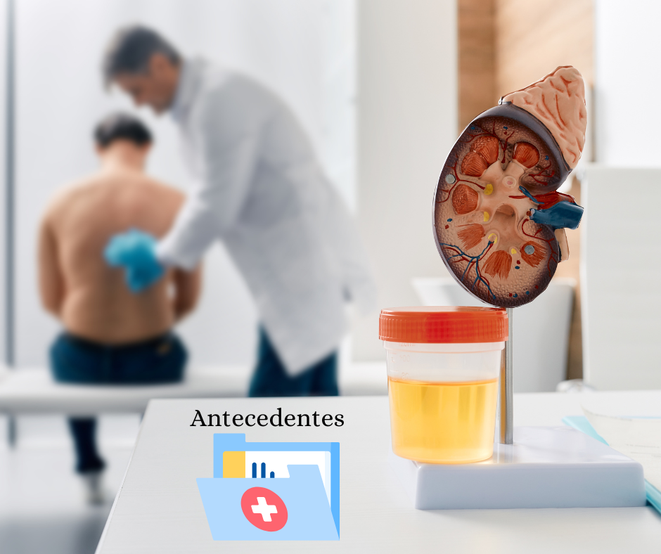 Médico examinando la parte baja de la espalda de un paciente, donde se ubican los riñones